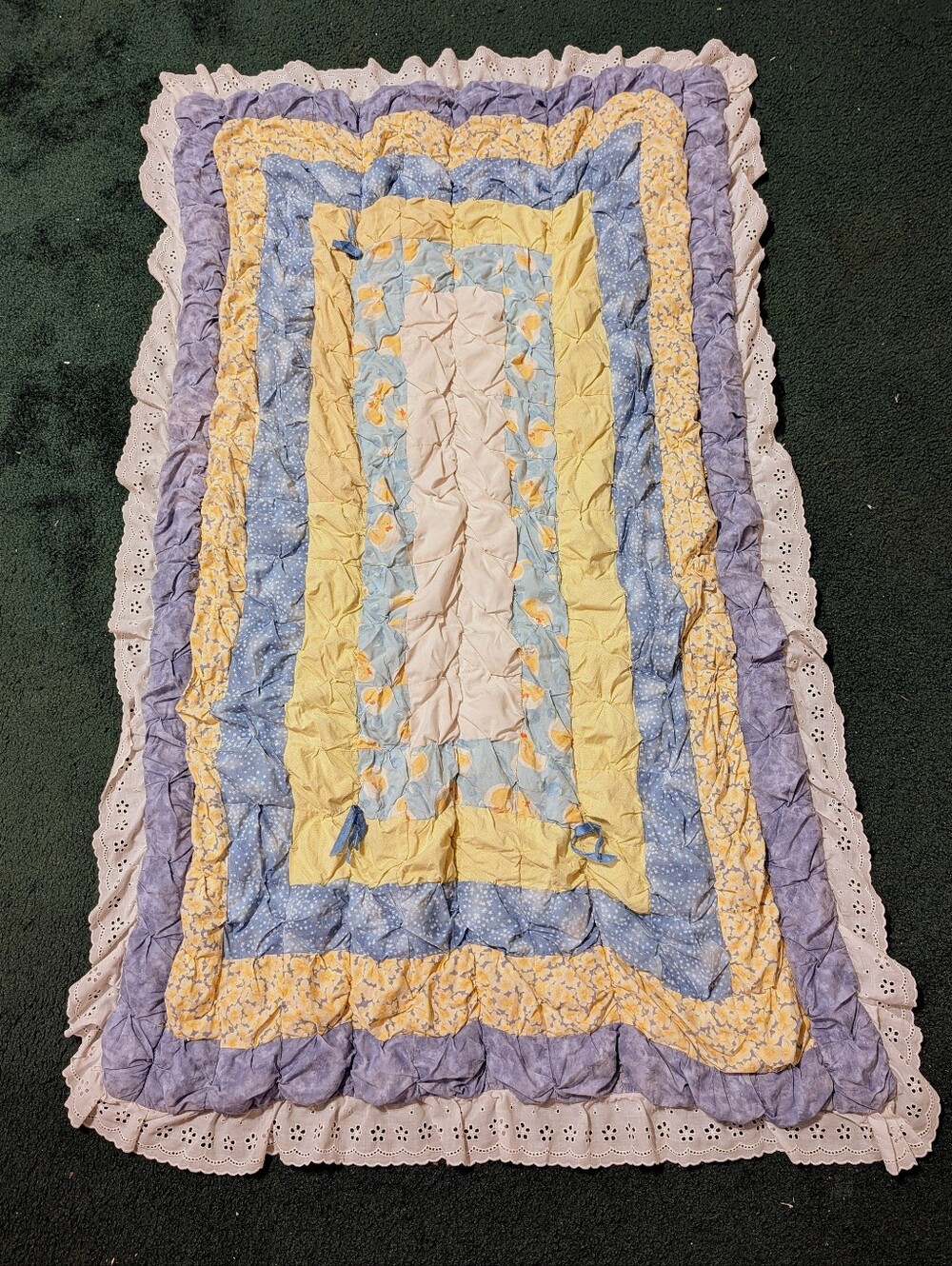 Vintage Handmade Pastel Yellow and Blue Patchwork with Lace Trim Baby Quilt